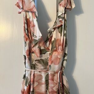 Reformation floral wrap maxi dress with deep V neck and ruffles